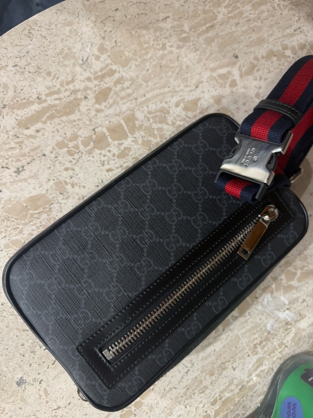 Gucci Black GG Supreme Belt Bag with Red and Blue Web Strap